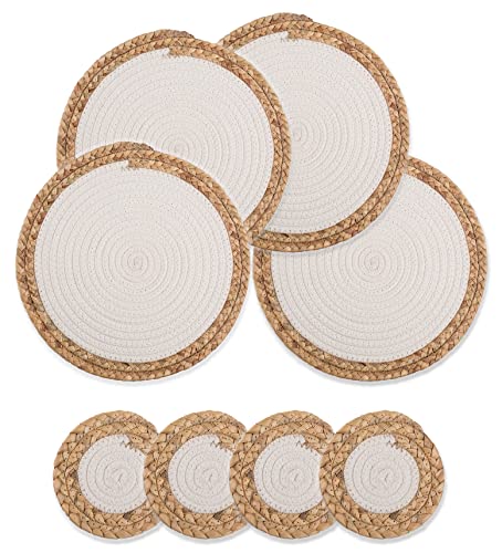 Wracra Pot Holders for Kitchen, Trivets Set 4 for Hot Pots and Pans, Stylish Mats for Wooden Table, Natural Water Hyacinth and Cotton Rope Braided Placemats for Farmhouse Kitchen Decor