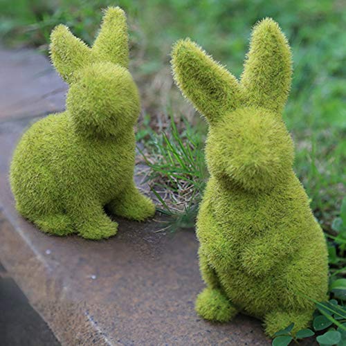 Easter Furry Flocked Bunny Garden Decorations Artificial Moss Rabbit Easter Décor Figurines Tabletop Ornament (Green 2Pcs, One Size)