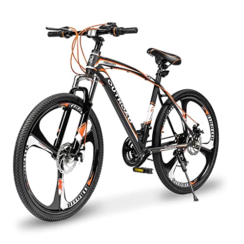 PanAme 26 Inch Mountain Bike with Suspension Fork, 21 Speed Drivetrain, Cycling Bicycles with High Carbon Steel Frame, Dual Disc Brake MTB for Adult Youth Orange