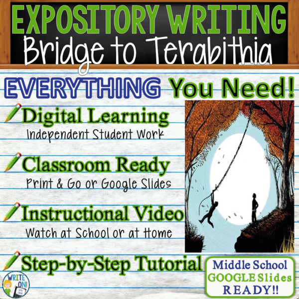 Text Analysis Expository Writing Essay for Bridge to Terabithia by Katherine Paterson | Distance Learning, Remote Learning, In Class, Video, PPT, Worksheets, Rubric, Graphic Organizer, Google Slides