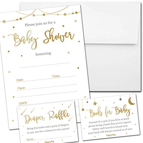 Set of 25 Baby Shower Invitations with Envelopes, Diaper Raffle Tickets and Baby Shower Book Request Cards – Night Stars
