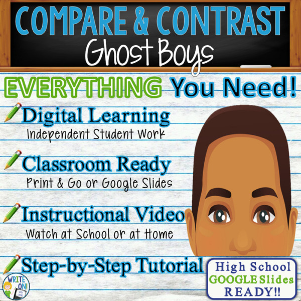 Text Analysis Compare Contrast Writing for the Ghost Boys by Jewell Parker Rhodes Distance Learning, In Class, Instructional Video, PPT, Worksheets, Rubric, Graphic Organizer, Google Slides