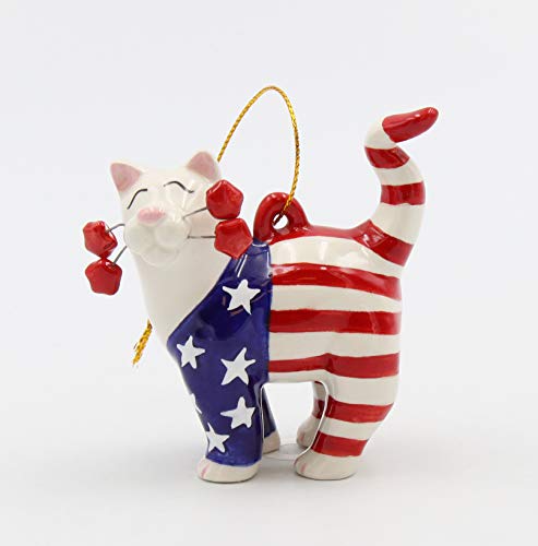 Cosmos Gifts AHA10505 Fine Ceramic Whisker Uncle Sam Cat Patriot American Flag Cat Figurine Ornament by Amy Lacombe, 5-3/4″ H