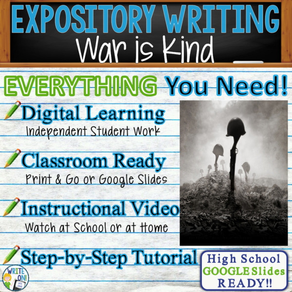 Text Analysis Expository Writing for War is Kind by Stephen Crane | Distance Learning, Remote Learning, In Class, Instructional Video, PPT, Worksheets, Rubric, Graphic Organizer, Google Slides