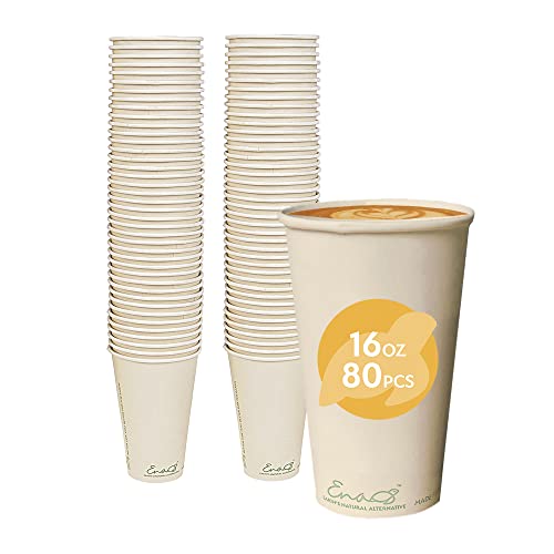 Earth’s Natural Alternative 100% Compostable Disposable Coffee Cups [16oz 80 Pack] Paper Cups Made from Bamboo, Eco-Friendly, Biodegradable Premium Party Cups, Natural Unbleached