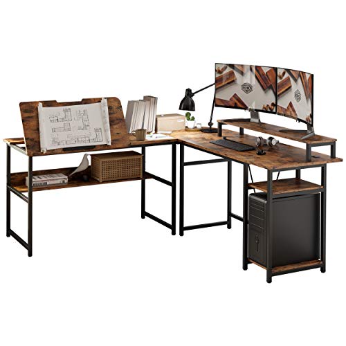 IRONCK L Shaped Desk Corner Table with Storage Shelves, Drafting Table with Tiltable Tabletop and Printer Monitor Shelf Multi-Usage Large Industrial Office Desk Workstation