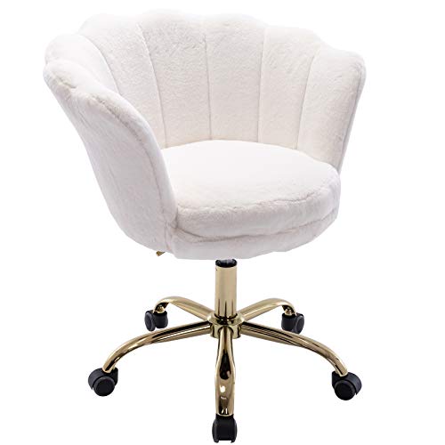 HNY Hi&Yeah White ivory Comfy Home Office Chair with Wheels, Morden Faux Fur Seashell Back Swivel Desk Chair, for Kids, Women, Girls Living Room, Bedroom