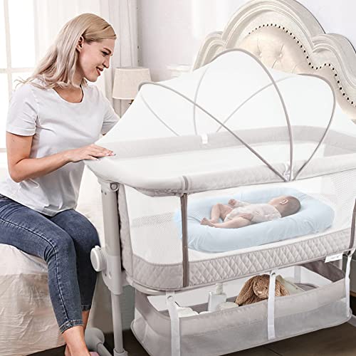 HAHASOLE Baby Bassinet Bedside Sleeper, Bedside Bassinet 3 in 1 Bedside Crib with Mosquito Net, Mattress, 2 Bassinet Sheets & 6 Height Adjustable, Portable Travel Bassinet for Baby