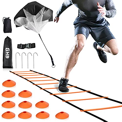 GHB Speed Ladder Training Ladder Agility Ladder with 6 or 10 Cones 12 Rung 20ft with Resistance Parachute (Orange-10 Cones)