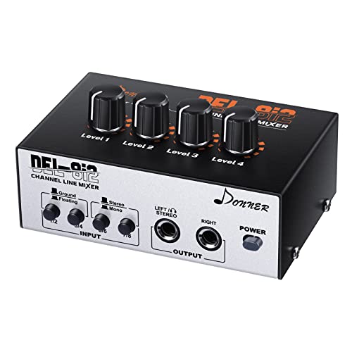 Line Mixer 4 Channel, Donner Low-Noise Mini Audio Mixer DC 12V with AC adapter & Stereo/Mono Adjustment, As Microphones, Guitars, Keyboards or Stage Sub Mixer, Ideal for Small Clubs or Bars