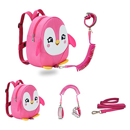 JIANBAO Penguin Toddler Backpacks with Leashes Anti Lost Wrist Link for 1.5 to 3 Years Kids Girls Boys Safety (Penguin, Pink)