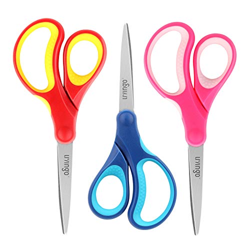 LIVINGO 7″ Student Scissors, Sharp Stainless Steel Pointed Tip Blades Shears for Middle School Kids Crafting Project, Comfort Right/Left-handed, Assorted Color, 3 Pack