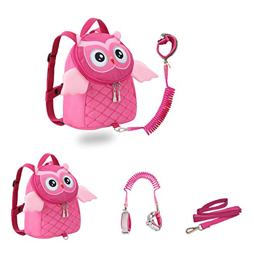 JIANBAO Owl Toddler Backpacks with Leashes Anti Lost Wrist Link for 1.5 to 3 Years Kids Girls Boys Safety (Owl, Pink)