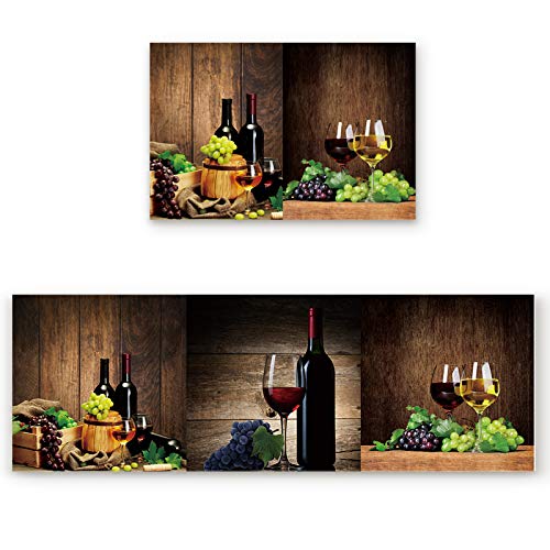 Z&L Home Kitchen Rug Set of 2 Piece, Retro Wine Cup with Cask and Fruit Grape Rugs and Mats for Kitchen Floor, Non Slip Rubber Backing Standing Door Mat Wooden Texture
