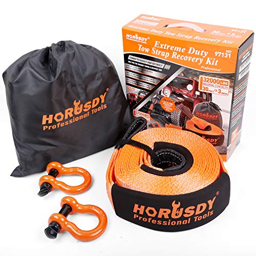 HORUSDY Nylon Heavy Duty Tow Strap Recovery Strap with Hooks 3″ x 30Ft – 32,000 LBS Break Strength, 3/4 D Ring Shackles (2pcs), Recover Your Vehicle Stuck in Mud/Snow.