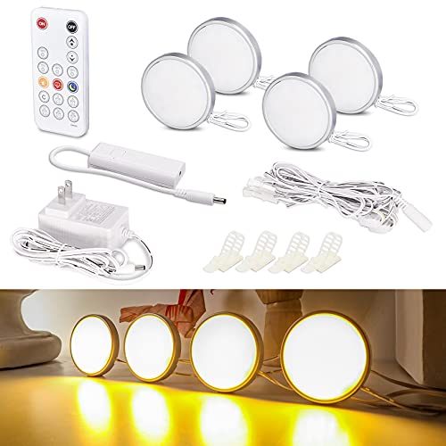 WOBANE LED Puck Lights, Wired Under Cabinet Lighting Kit with Remote, Dimmable Counter Lighting for Kitchen,Closet,Bookshelf,Shelf,700lm,2700K Warm White,Super Bright,Timing, Set of 4