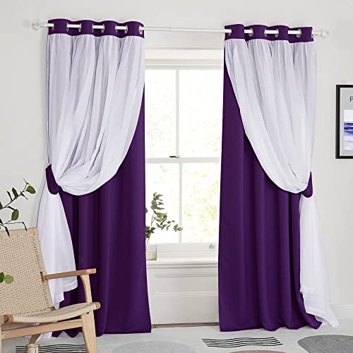 PONY DANCE Purple Curtains for Bedroom – Blackout Curtains & Drapes with Sheer Living Room Elegance Window Covering for Girls Nursery, 52 by 95 inches, Royal Purple, 2 PCs