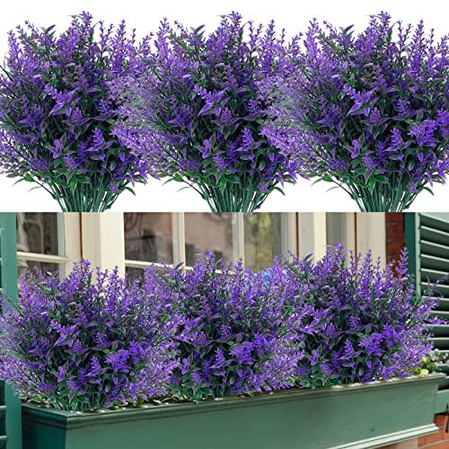 CEWOR 10 Bundles Artificial Flowers Outdoors Fake Lavender Plants Indoor UV Resistant Plastic Faux Bouquets for Outdoor Home Garden Porch Decoration (Purple)