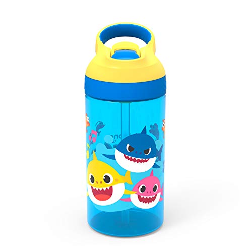 Zak Designs Baby Shark Kids Water Bottle with Straw and Built in Carrying Loop Made of Durable Plastic, Leak-Proof Design (16 oz