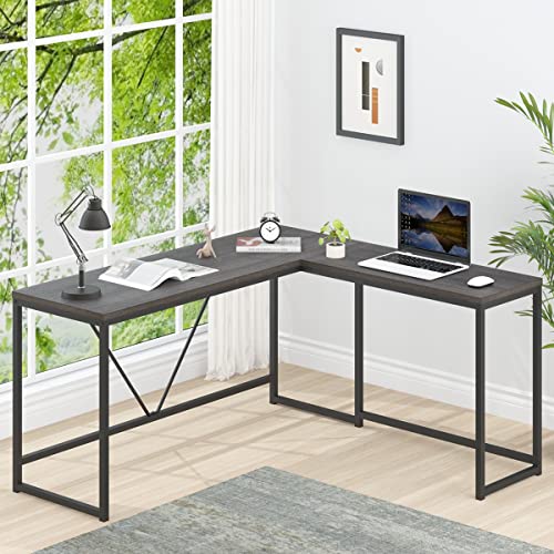 HSH L Shaped Computer Desk, Wood and Metal Reversible Corner Desk for Small Space, Industrial Rustic Crafting Writing Workstation Table for Home Office Study, Grey Oak, 59 x 55 inch