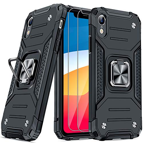 JAME Case for iPhone XR Phone Cases with Screen Protectors 2PCS, Military-Grade Drop Protection, Protective Phone Cases, Car Mount Ring Kickstand Shockproof Bumper Xr Case for iPhone XR 6.1 Inch Black