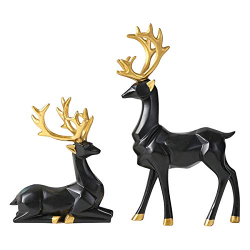 Set of 2 Reindeer Decorations ResinChristmas Deer Figurines Nordic Style Origami Elk Gold Glitter Reindeer for Wine Cabinet Living Room Study Office Desk Decor (Black)