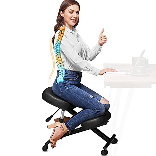 BATHWA Ergonomic Kneeling Chair, Angled Kneeling Chair, Posture Corrective Chair, New & Improved – Adjustable Hydraulic Rod – Moulded Foam Cushion – Caster, Use in Home, Office, or Classroom