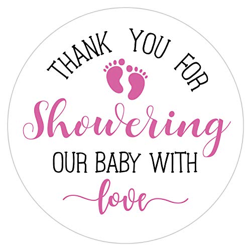 K-Musculo Pink Little Feet Baby Shower Stickers, Thank You for Showering Our Baby with Love Stickers, Baby Shower Favors for Girls, Baby Shower Favor Labels, 2 Inch, Pack of 50.