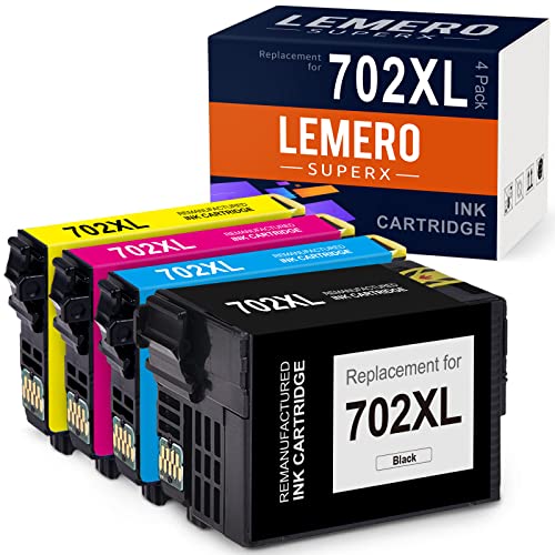 LemeroSuperx 702XL Remanufactured Ink Cartridge Replacement for Epson 702 702XL for Workforce Pro WF-3720 WF-3730 WF-3733 Printer (1 Black, 1 Cyan, 1 Magenta, 1 Yellow, 4 Pack)