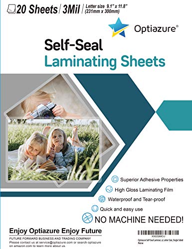 Optiazure Self-Seal Laminating Sheets 9.1″x11.8″ Inches, 3mil 20Pack, Letter Size, Single Sided