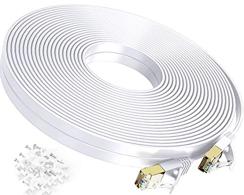 Lapsouno Cat7 Ethernet Cable 100 ft, Durable High Speed Flat Internet Network Computer Cord, Faster Than Cat6 Network, Slim Cat7 LAN Wire with Rj45 Connectors for Router Modem Xbox PS4 PS5-White