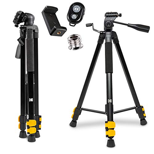 KODAK PhotoGear 62″ Tripod with Remote | Compact 3-Section Flip-Lock Aluminum Tripod Adjusts 22”-62”, QuickRelease Plate, Smartphone Adapter & 1/4” to 3/8” Screw, Bubble Level, Carry Case, & E-Guide