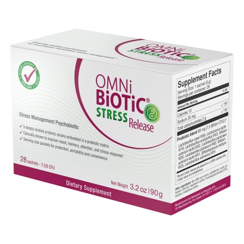 OMNI BIOTIC Stress Release – Clinically Tested Probiotic for Stress Management & Gut-Brain Axis Support – Stress Probiotic and Mood Probiotic – Vegan, Non-GMO (28 Daily Packets)