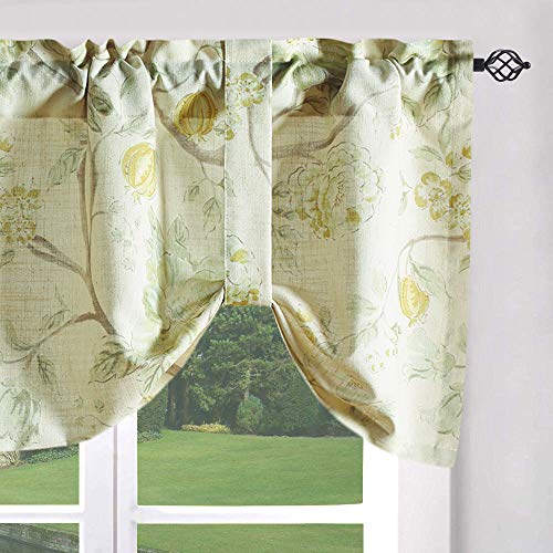Leeva Floral Print Tie-up Curtains Valances for Kitchen Windows, Rod Pocket Linen Rod Pocket Textured Small Curtain for Bathroom, One Panel, 52×18, Green