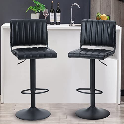 ALPHA HOME Bar Stools Set of 2 PU Leather Bar Chairs with Back Adjustable Kitchen Counter Height Stools Pub Bistro Bar Height Stools Modern Square Seat Chairs 360°Swivel Stools 300lbs Capacity Black