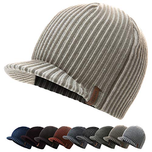 zowya Brim Beanie Hat for Men & Women Warm Winter Skully Cap Daily Visor Beanie Thick Billed Hats Winter Hats with Brim Vintage Acrylic Contrast Color (Khaki)