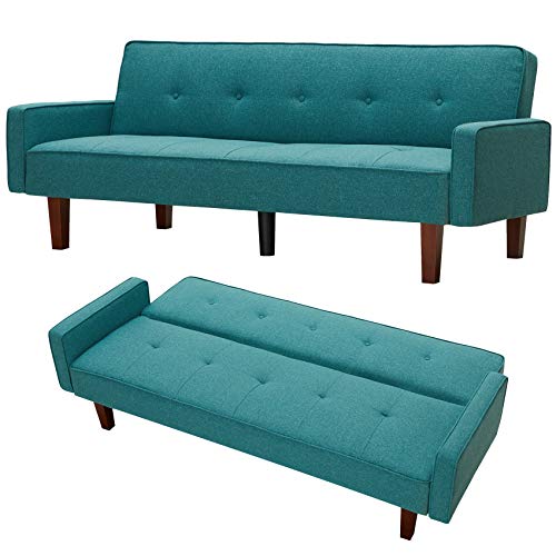 Olela Sofa Bed Convertible Sofa Couch Futon Sleeper Linen Fabric Reclining Sofa with Armrest Wood Legs for Living Room Furniture (Green)