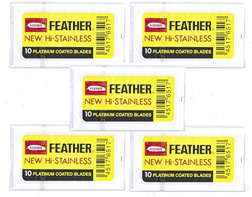 50 Feather (Yellow Label) Razor Blades Platinum Coated NEW Hi-Stainless for Double Edge Safety Razors (50 count) | Made in Japan