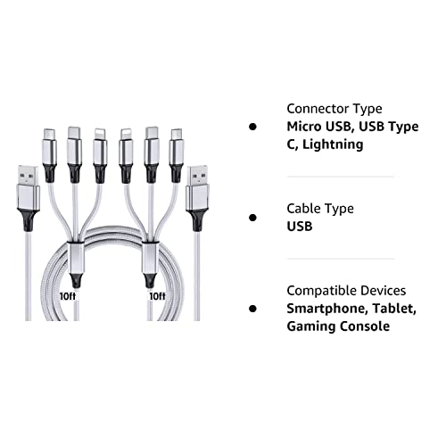 Multi Charging Cable, 10ft 2Pack Multi Phone Charger Cable Braided Universal 3 in 1 Charging Cord Extra Long Multiple USB Cable with USB C, Micro USB Port Connectors for Cell Phones and More | The Storepaperoomates Retail Market - Fast Affordable Shopping