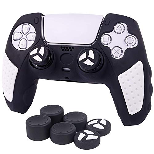 PS5 Controller Grip Cover, CHIN FAI Anti-Slip Silicone Skin Protective Cover Case for Playstation 5 DualSense Wireless Controller with 6 Thumb Grip Caps (Black-White)