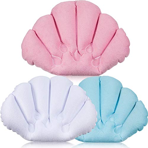 3 Pieces Inflatable Bath Pillow with Suction Cups, Terry Cloth Covered Bath Pillow Shell Shape Bathtub Spa Pillow Comfortable Soft Bath Cushion, Neck Support for Bathtub, Hot Tub (Pink, Green, White)