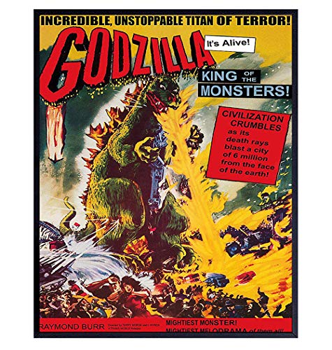 Godzilla – 8×10 Vintage Hollywood Horror Movie Poster Wall Art Print – Creepy Classic Scary Movie Home Decor Picture for Man Cave, Boys Bedroom, Teens Room – Gift for Men