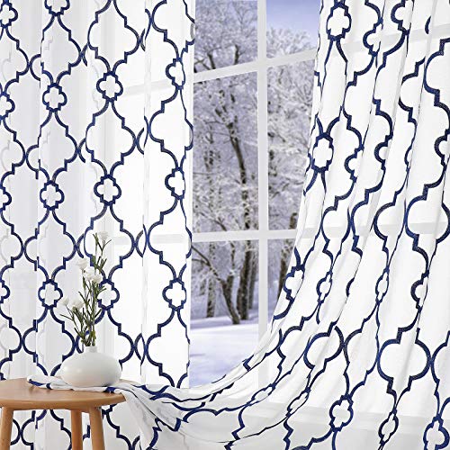 Moroccan Sheer Curtains 95-inch Blue White Geo Lattice Embroidered Linen Textured Drapes Guest Bedroom Light Filtering & Privacy Grommet Window Curtain Set of 2 Panels for Studio Office 52″ W