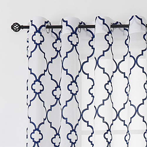 Moroccan Sheer Curtains 95-inch Blue White Geo Lattice Embroidered Linen Textured Drapes Guest Bedroom Light Filtering & Privacy Grommet Window Curtain Set of 2 Panels for Studio Office 52″ W | The Storepaperoomates Retail Market - Fast Affordable Shopping