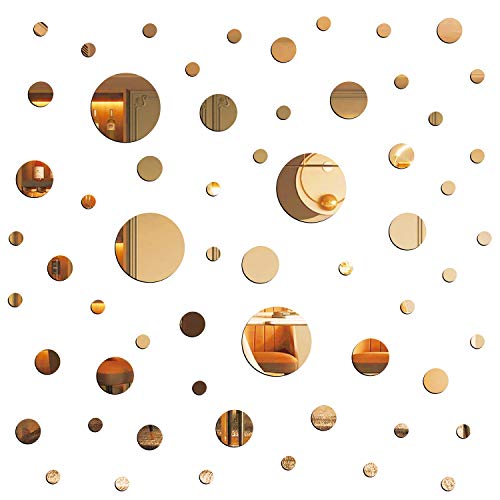 E EVENLIM 60 Pieces Gold Acrylic Round Circle Plastic Mirror DIY Wall Stickers Tiles Self Adhesive Decor for Living Dining Room Bedroom Bathroom Office Hallway House Mirrors Wall Decals Decorations…