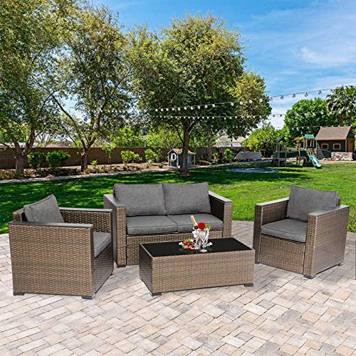 Kinsunny 4 PCs Outdoor Rattan Patio Furniture Set Wicker Conversation Set with Coffee Table Furniture Sectional Set for Garden Lawn Backyard