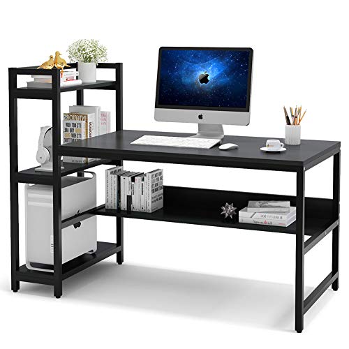 Tribesigns Computer Desk with 4-Tier Storage Shelves, 60 inch Modern Large Home Office Desk Computer Table Studying Writing Desk Workstation with Bookshelf and Tower Shelf (Black)
