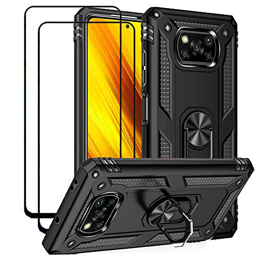 FLYME for Xiaomi Poco X3 NFC/Poco X3/Poco X3 Pro Case with Screen Protector(2 Pack), Telegaming Dual Layer Hybrid Tank Armor Case with Kickstand Shockproof Soft TPU & Tough PC Back Cover,Black