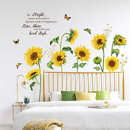 decalmile Summer Sunflower Wall Decals Garden Flower Butterfly Wall Stickers Bedroom Living Room TV Wall Art Decor