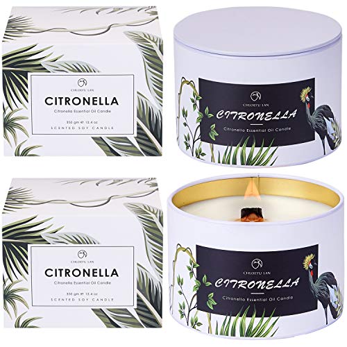 CHLOEFU LAN Citronella Candles Outdoor and Indoor 12.4 Oz Large Scented Candles with Pure Lemongrass Essential Oil and Natural Soy Wax for Garden Patio Yard Home Balcony, Wood Wicked Candles 2 Pack